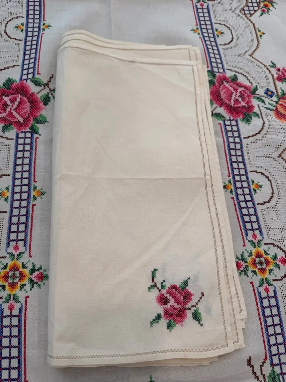 Vintage ecru cross stitch linen large tablecloth 100”x64” W/12 Napkins handmade